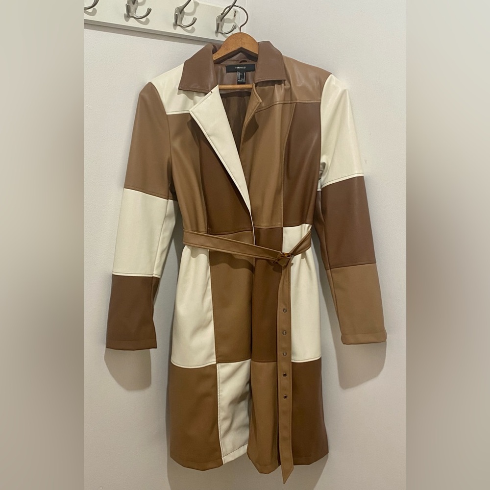 Brown + white patchwork and faux leather trench coat